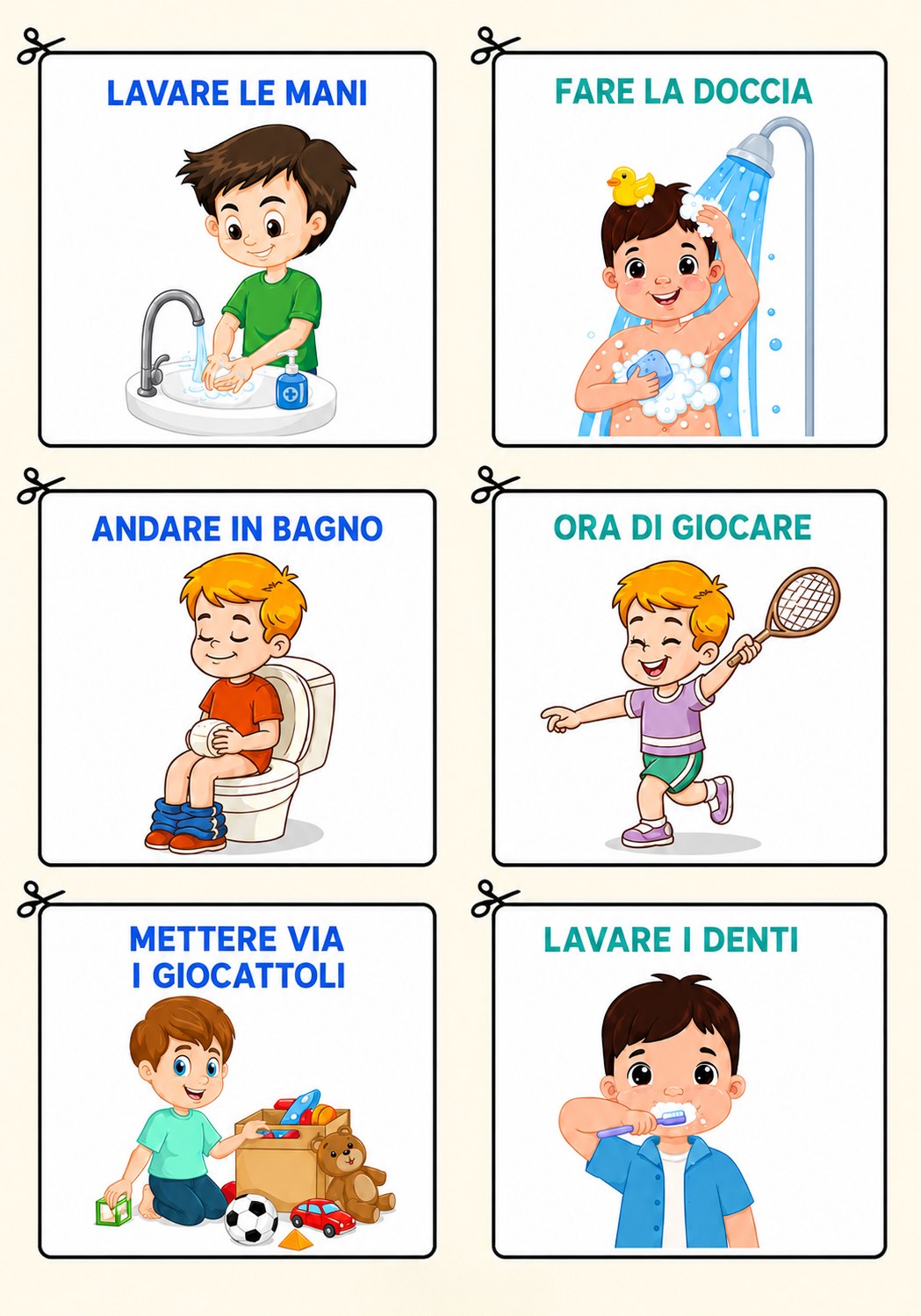 Schede della routine: lavare le mani, fare la doccia, andare in bagno, ora di giocare, mettere via i giocattoli e lavare i denti