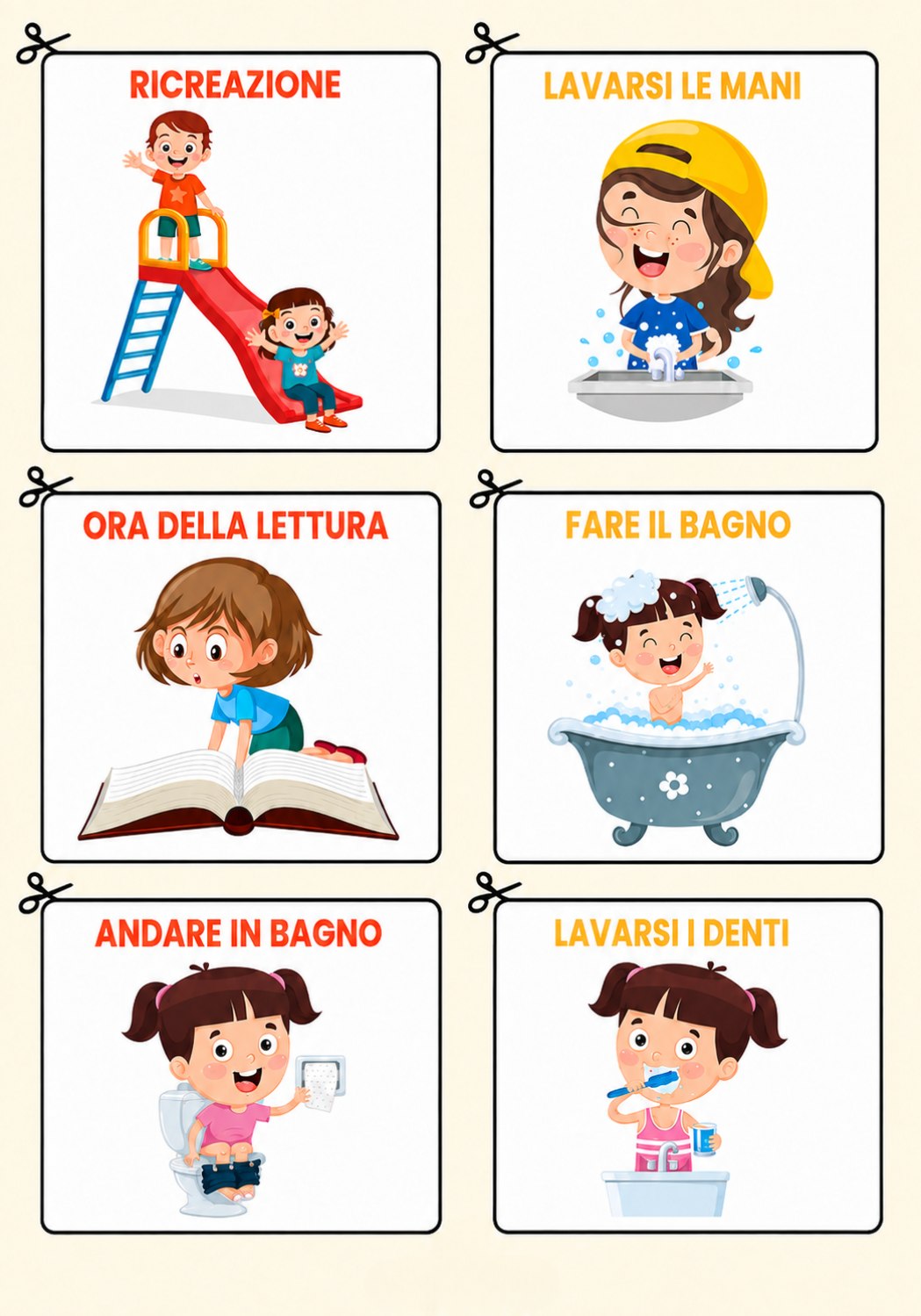 Schede della routine: ricreazione, lavarsi le mani, ora della lettura, fare il bagno, andare in bagno e lavarsi i denti