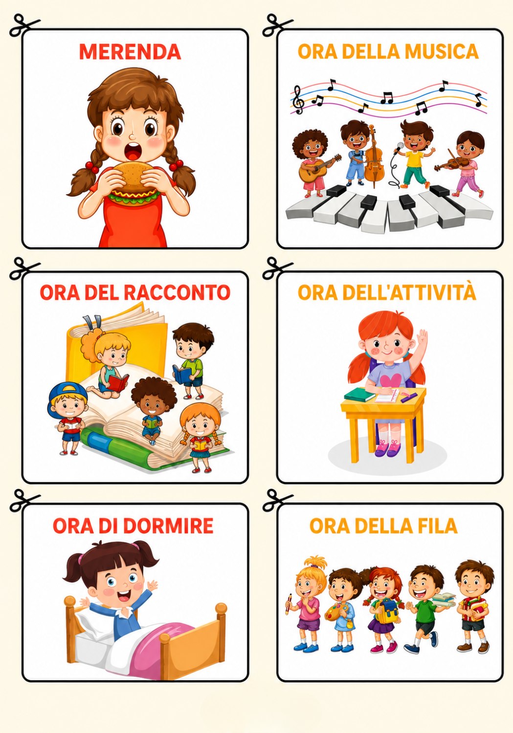 Schede della routine: merenda, ora della musica, ora del racconto, ora dell'attività, ora di dormire e ora della fila