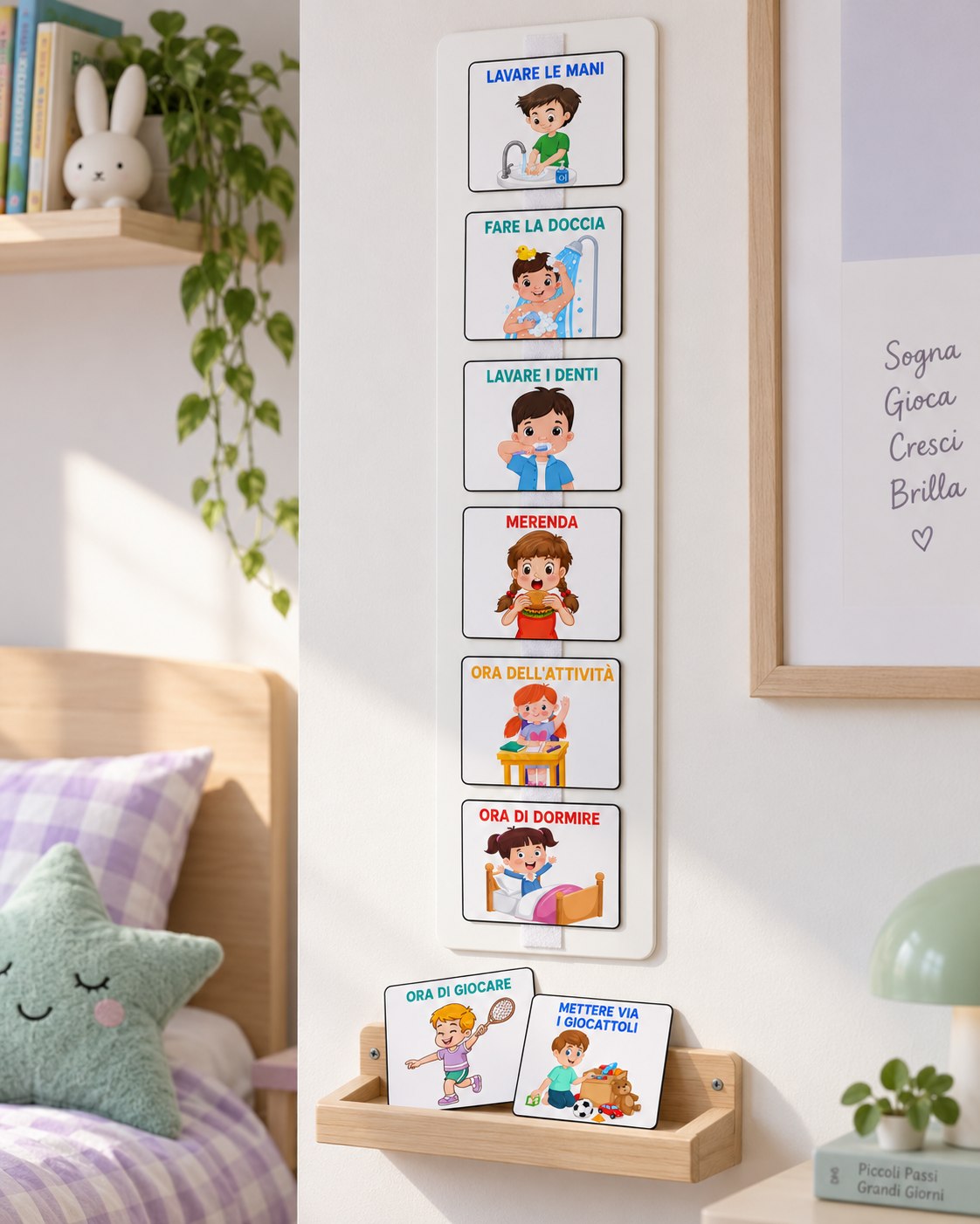 La striscia della routine appesa al muro della cameretta, con le schede attaccate col velcro e la mensola sotto